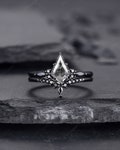 Black Gold Kite Cut Black Rutilated Quartz Engagement Ring Set, Witchy Black Promise Ring, Black Wedding Ring Set, Goth Black Bridal Set