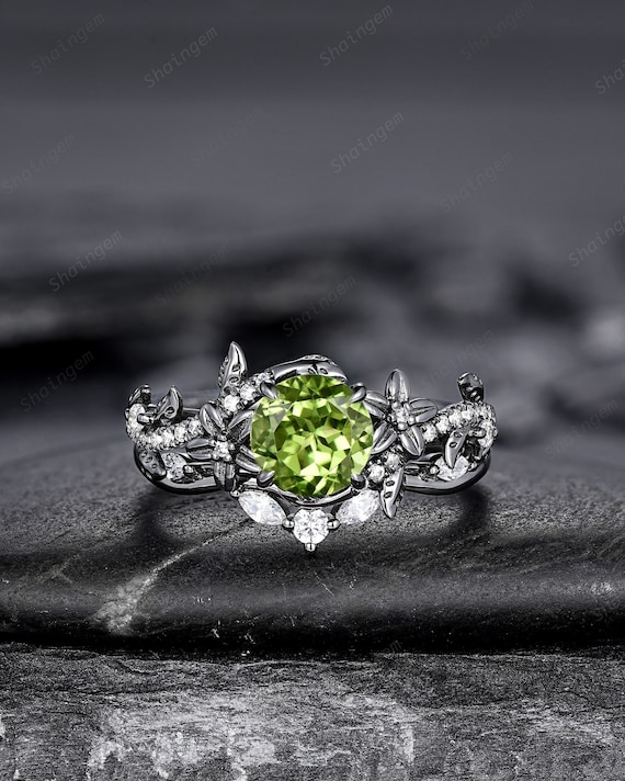 Gothic Round Shape Peridot Black Engagement Ring Set, Black Gold