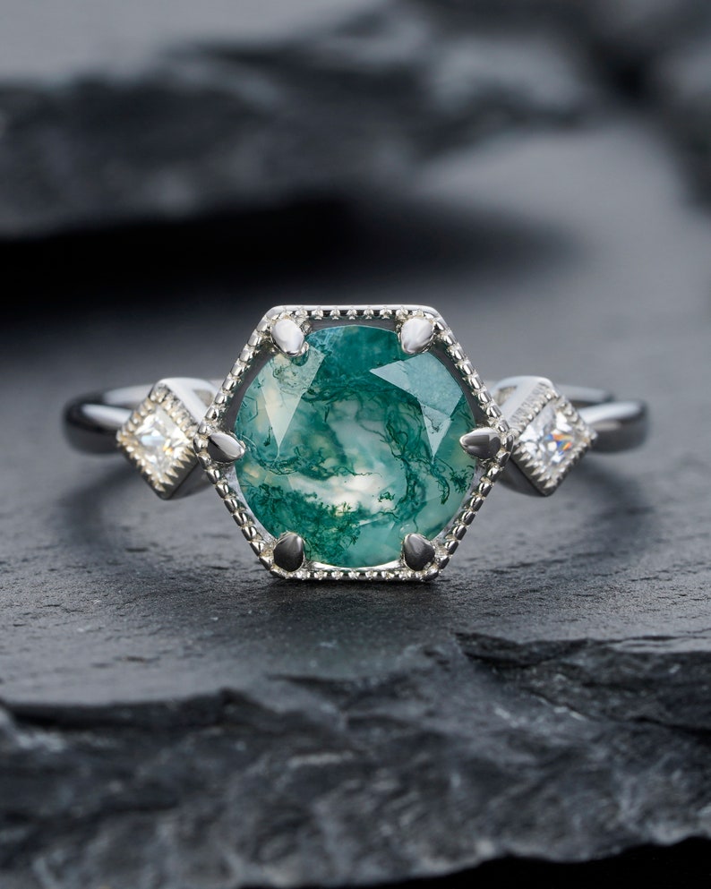 Vintage Moss Agate Engagement Ring Sterling Silver925 Dainty Ann Vintage Moss Agate Engagement Ring Sterling Silver925 Dainty Ann