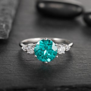 Platinum Neon Blue Paraiba Tourmaline Engagement Ring, Unique 3CT Green Bluish Tourmaline Wedding Ring, White Gold Promise Ring for Women image 4