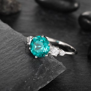 Platinum Neon Blue Paraiba Tourmaline Engagement Ring, Unique 3CT Green Bluish Tourmaline Wedding Ring, White Gold Promise Ring for Women image 5