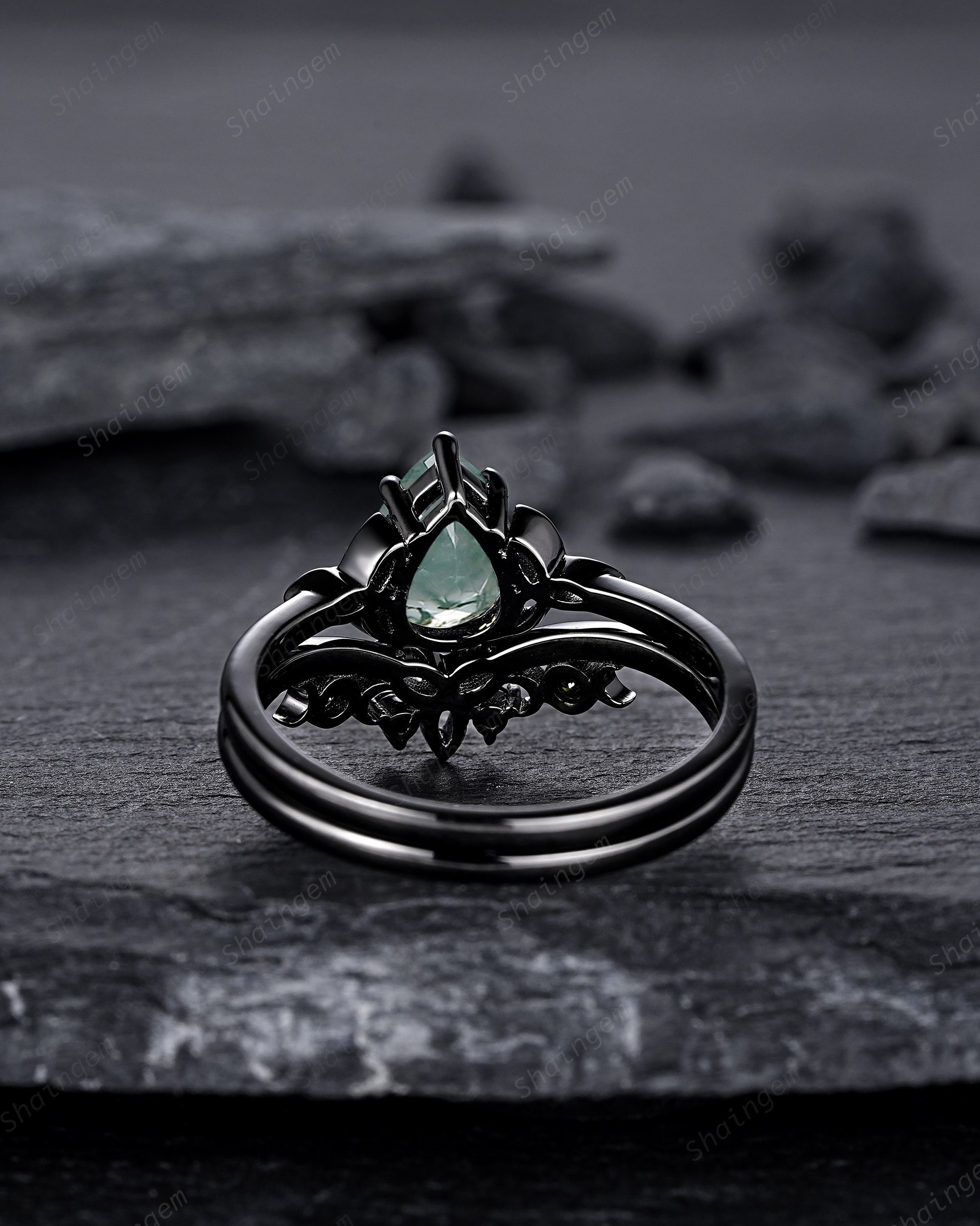 Goth Rings Moss Agate Engagement Ring Set 925 Sterling Silver W
