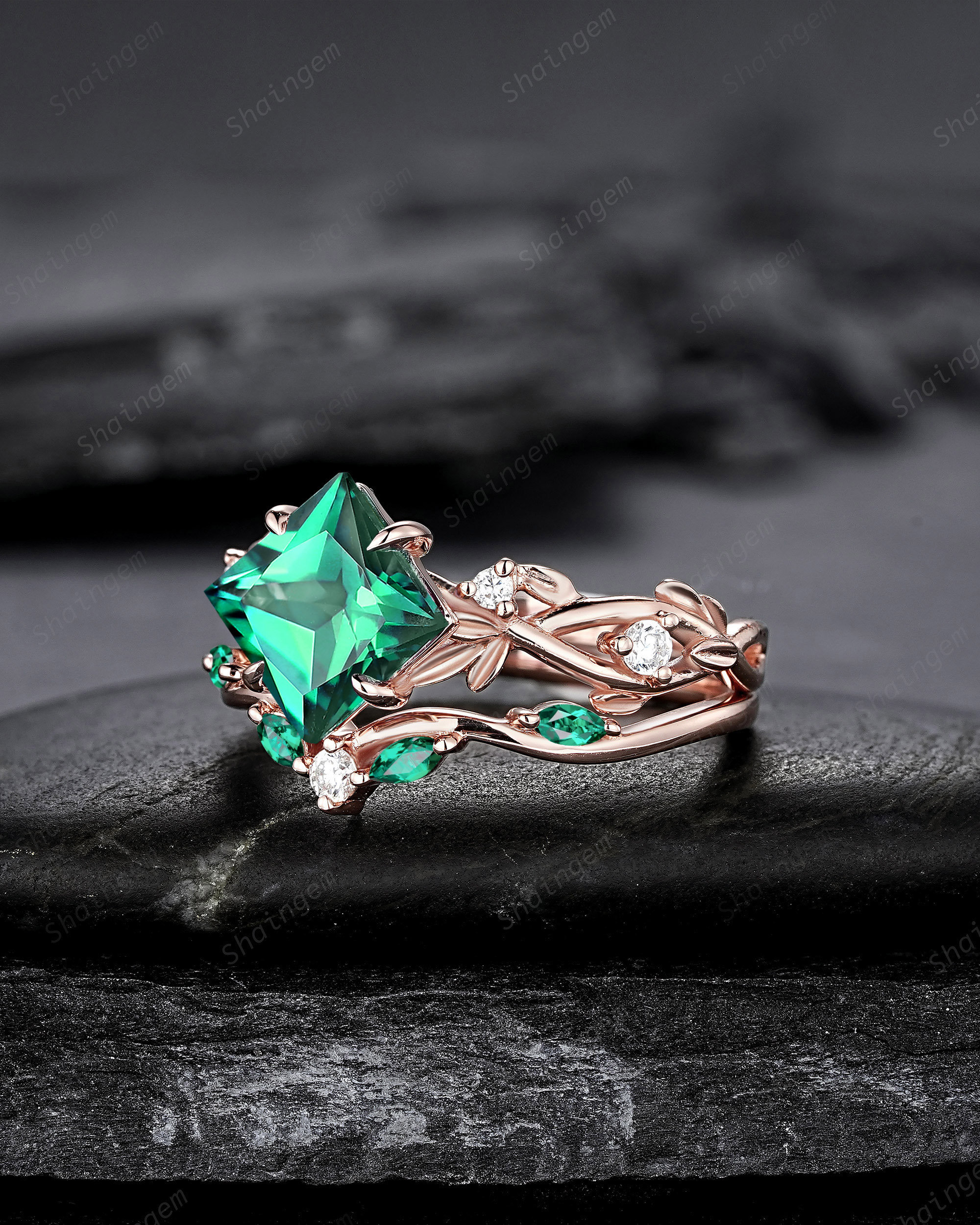 Princess Cut Emerald Engagement Ring Set, 14K Rose Gold May