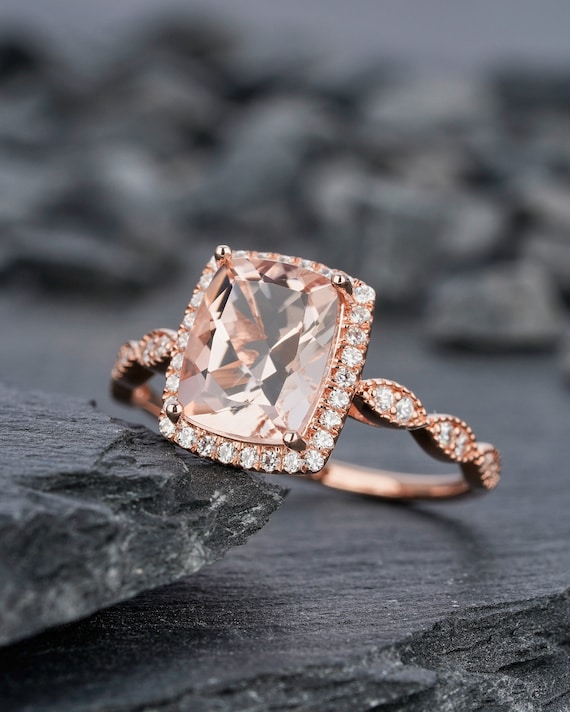 Vintage Peach Morganite Engagement Ring Cushion Cut Pink Morganite Wedding Ring Genuine Rose Gold 2 Carats Morganite Promise Halo Ring Etsy