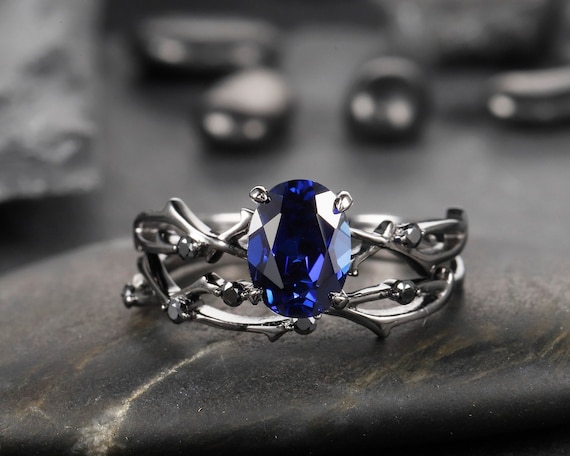 Vintage Rhodium Black Vermeil Oval Blue Sapphire Engagement Ring Set, Black  Gold Sapphire Promise Ring Set,sapphire Black Diamond Bridal Set - Etsy  Hong Kong