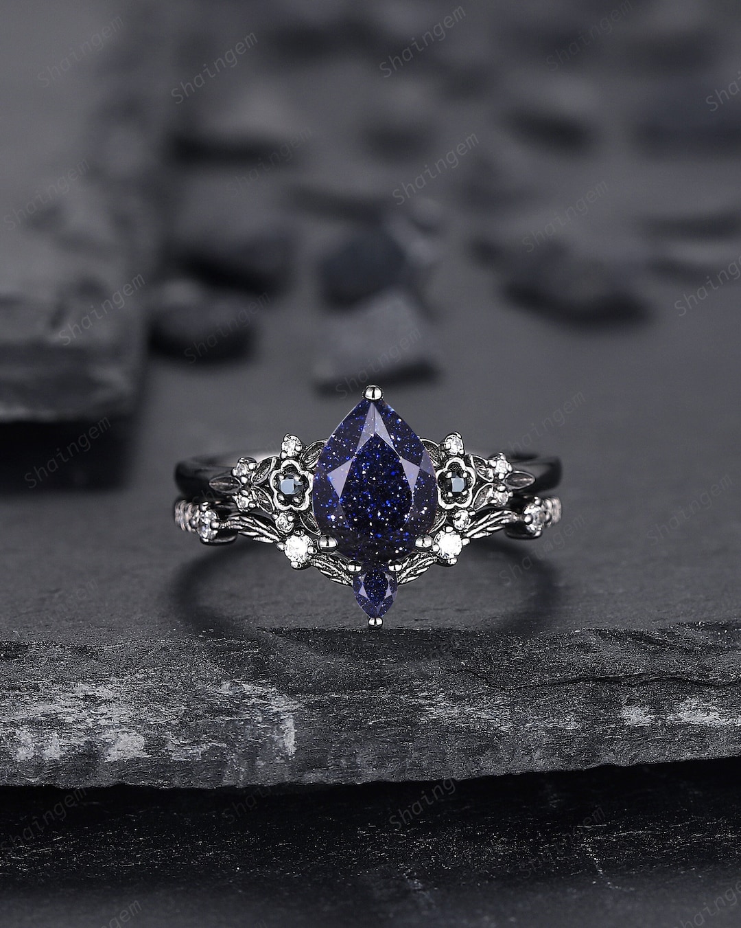 Pear Shape Blue Sandstone Floral Engagement Ring Set, Unique Black