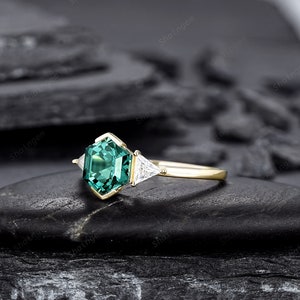 Hexagon Cut Teal Sapphire Engagement Ring Vintage Half Bezel - Etsy