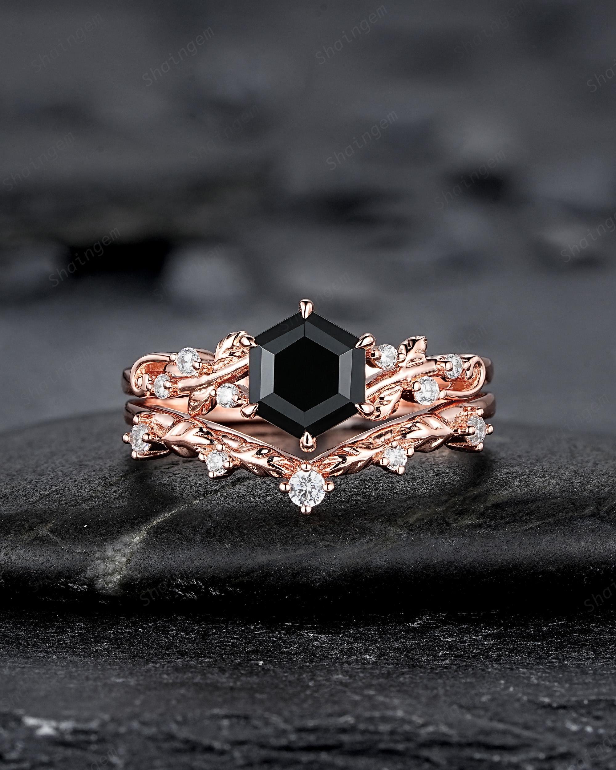 Nature Inspired Hexagon Cut Natural Black Onyx Leaf Engagement