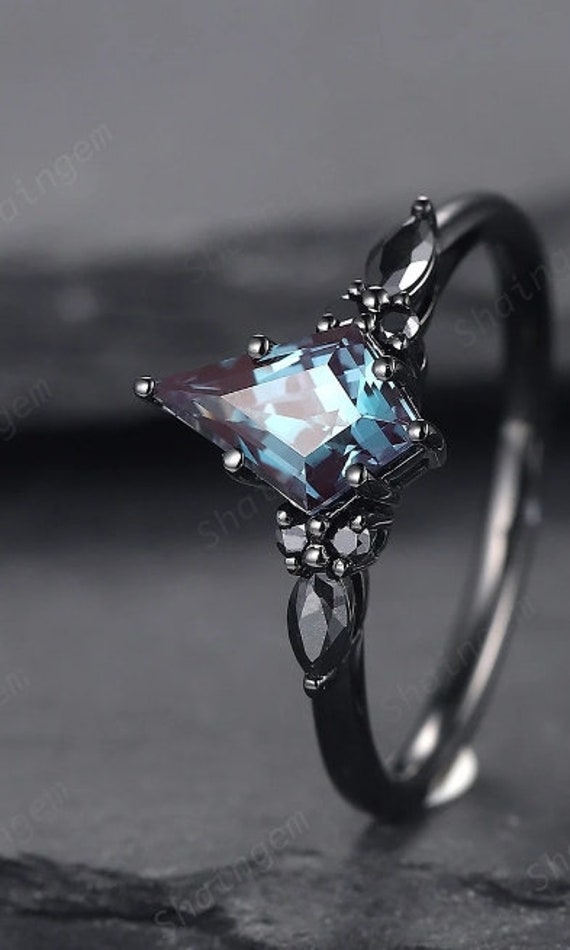 Black Gold Kite Shape Alexandrite Engagement Ring Set, Unique