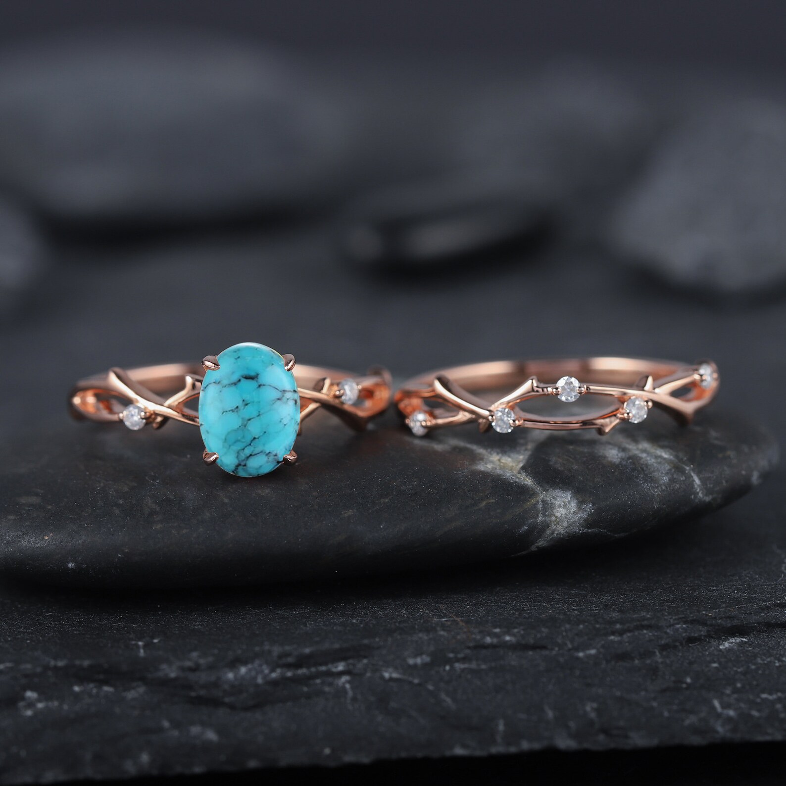 Turquoise and Diamond Wedding Ring Set, Twig Branch Engagement Ring Set Turquoise and Diamond Wedding Ring Set, Twig Branch Engagement Ring Set
