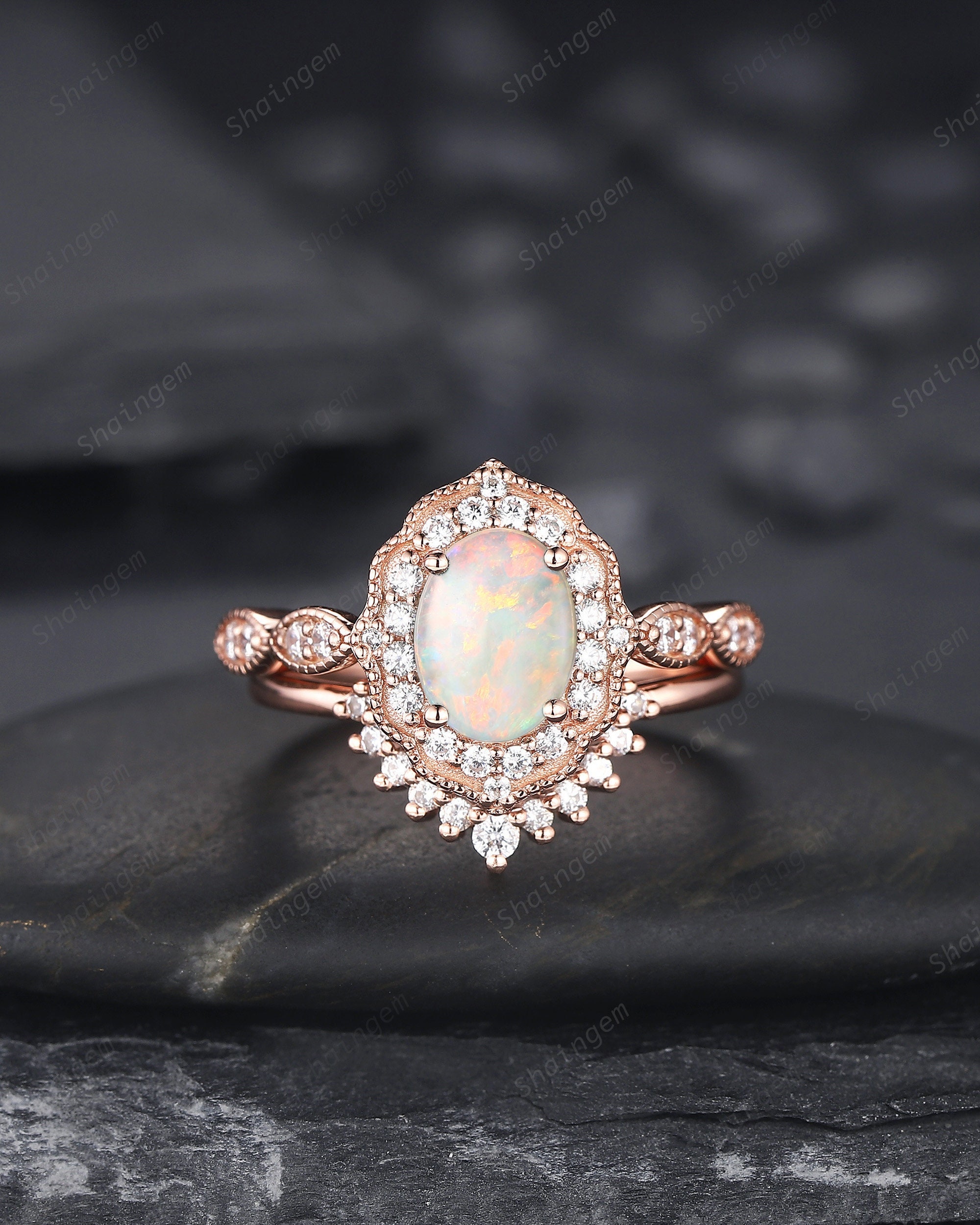 Vintage Oval Shape Natural Australian White Opal and Diamond Engagement Ring Set, 14K Rose Gold Opal Wedding Ring, Floral Halo Promise Ring