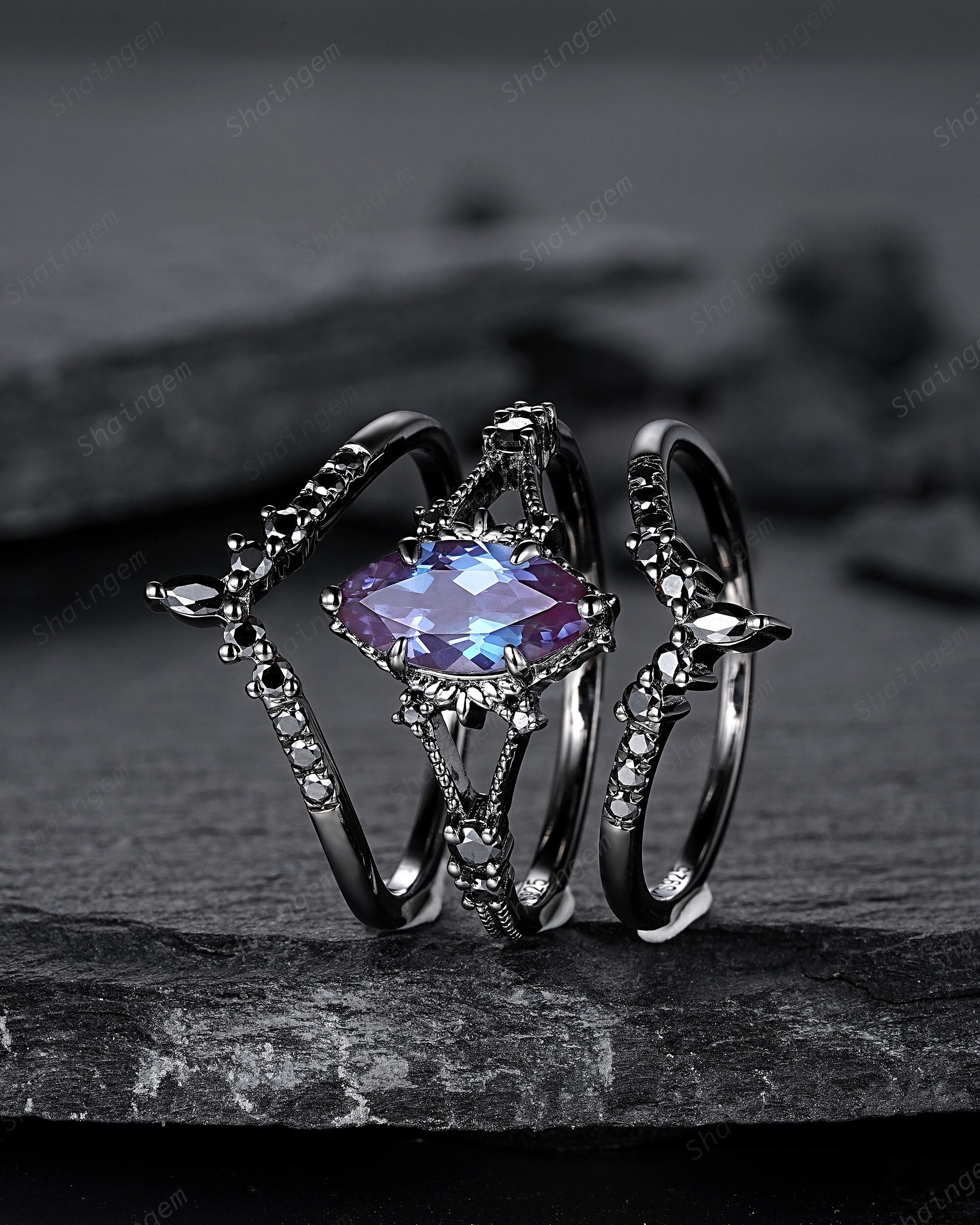 Black Gold 3PCS Marquise Cut Alexandrite Engagement Ring Set, Gothic Punk Bridal Set, Black Rhodium Wedding Set, Black Promise Ring Gift