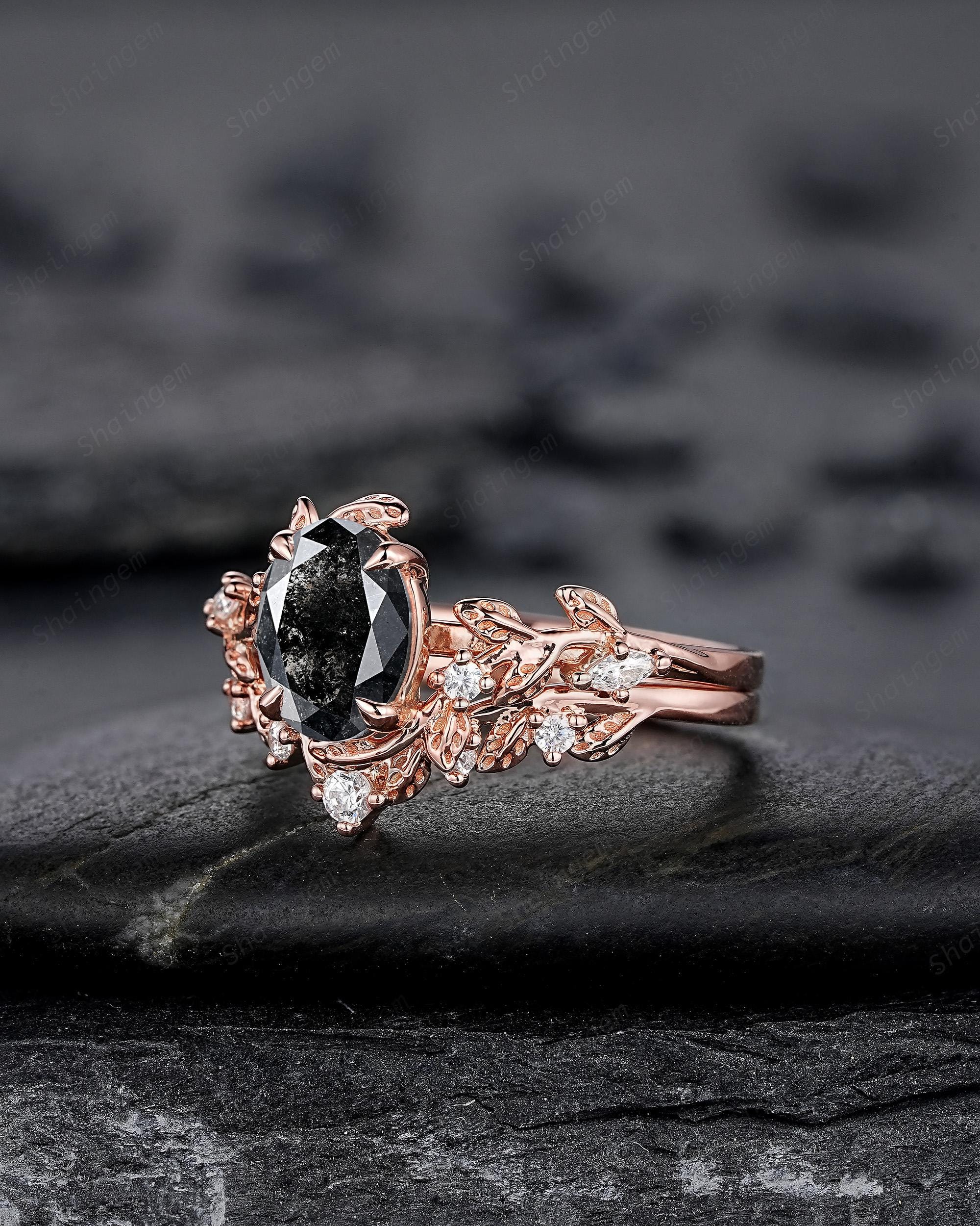 Oval Shape Salt and Pepper Diamond Vine Engagement Ring Set, Rose