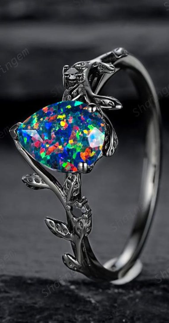 Black Gold Pear Shape Facet Black Opal Vine Engagement Ring