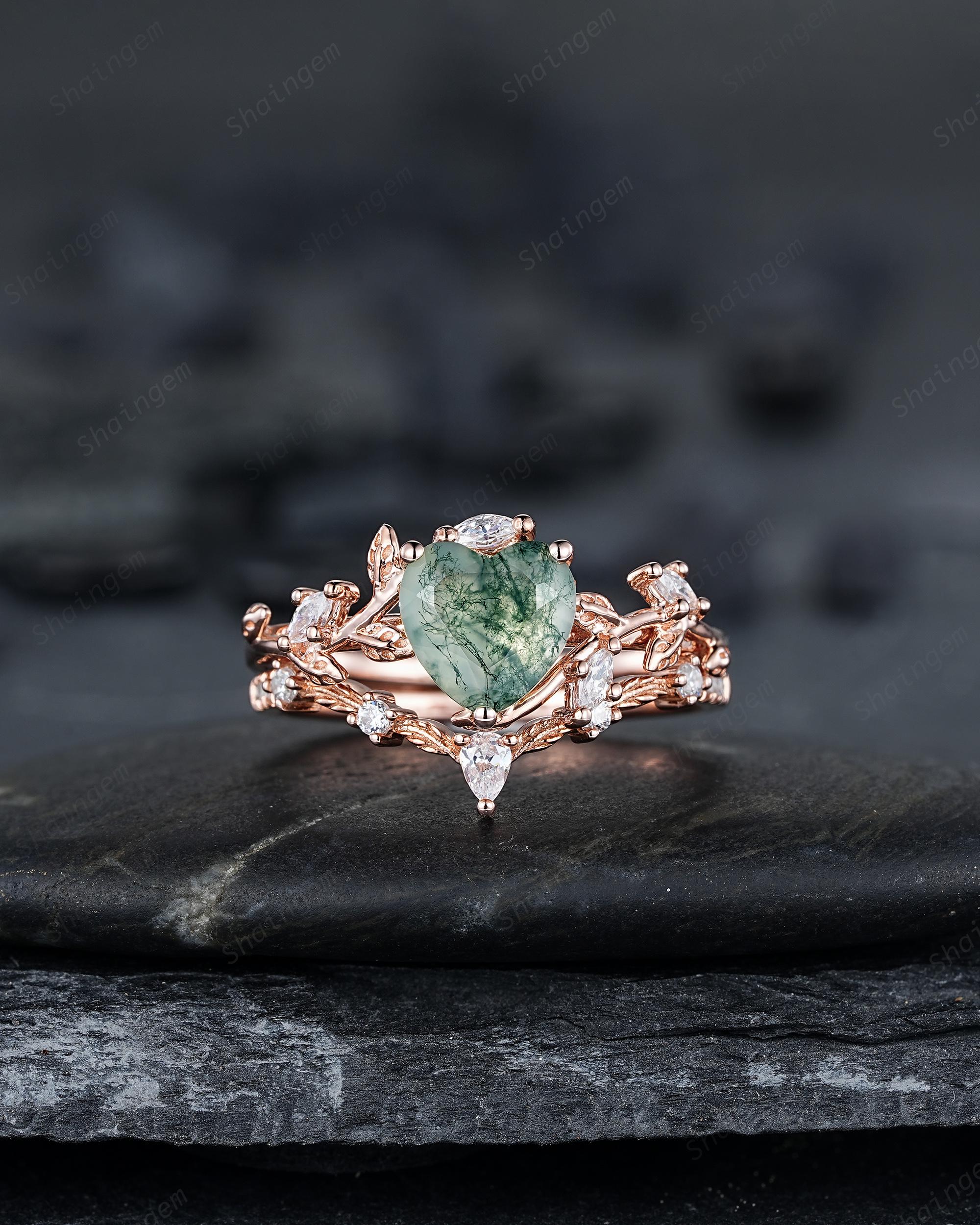Heart Shape Moss Agate Engagement Ring: Rose Gold Twig Branch Vine