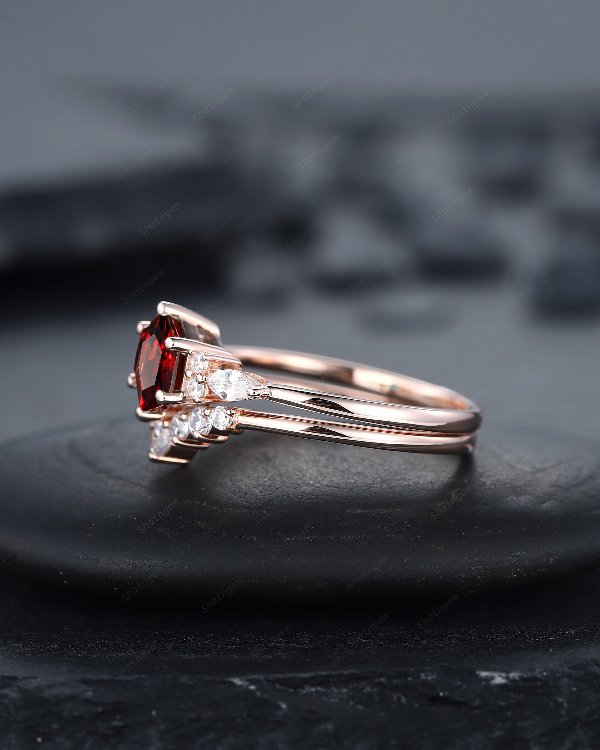 Unique Hexagon Cut Garnet Engagement Ring Set, Vintage Red Garnet ...