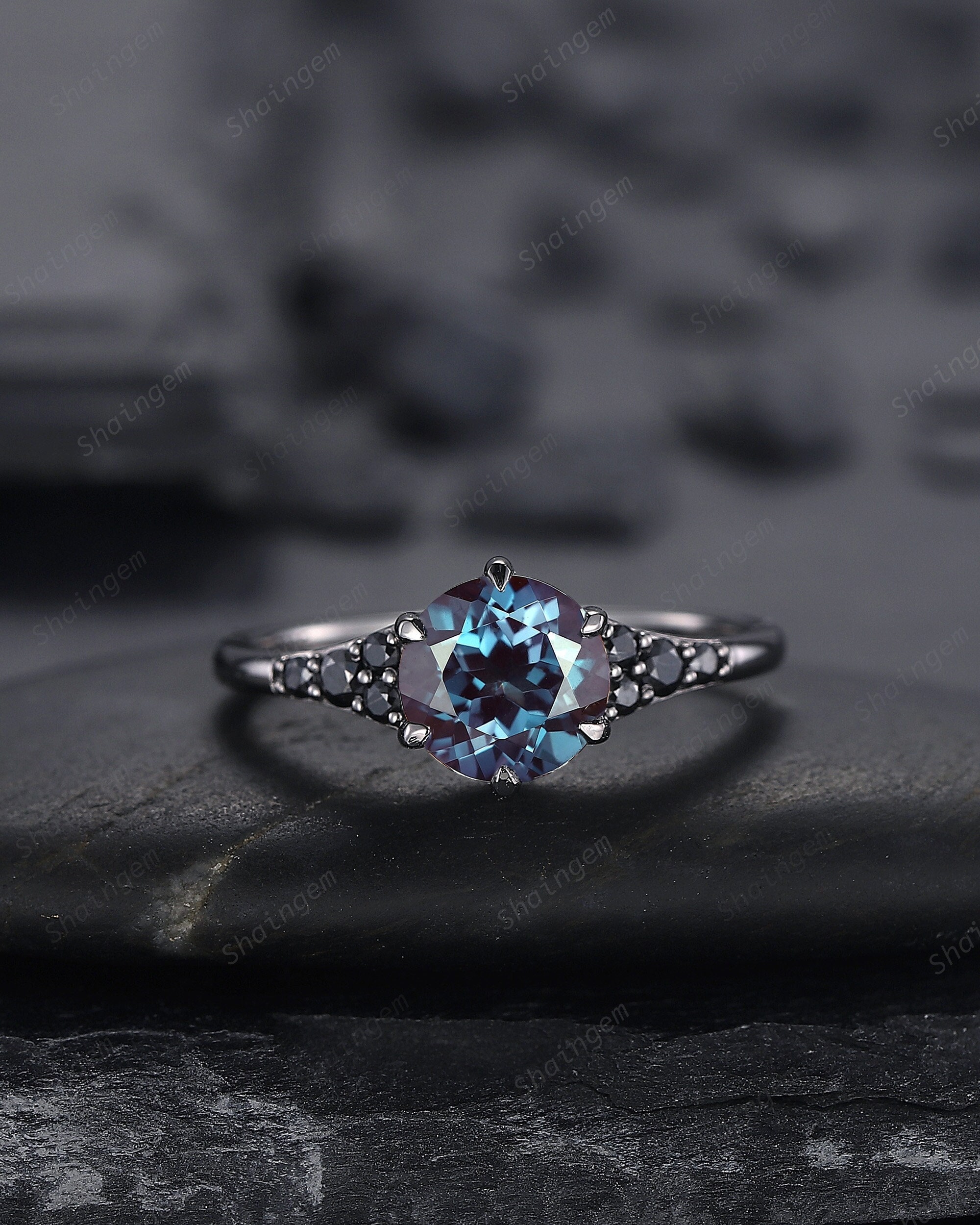 Unique Black Gold Round Shape Alexandrite Engagement Ring, Vintage Rhodium Black Hip Hop Wedding Ring, Gothic June Birthstone Promise Ring