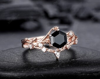 Nature Inspired Hexagon Cut Black Onyx Leaf Engagement Ring Set