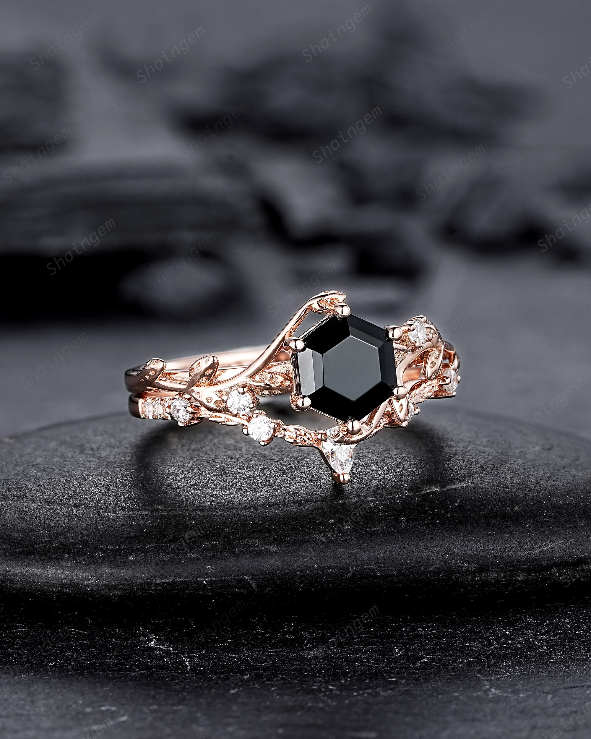Nature Inspired Hexagon Cut Black Onyx Leaf Engagement Ring Set
