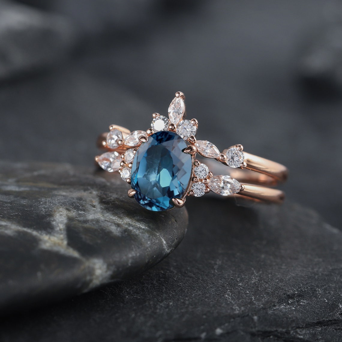 Vintage Oval Cut London Blue Topaz and Moissanite Engagement - Etsy