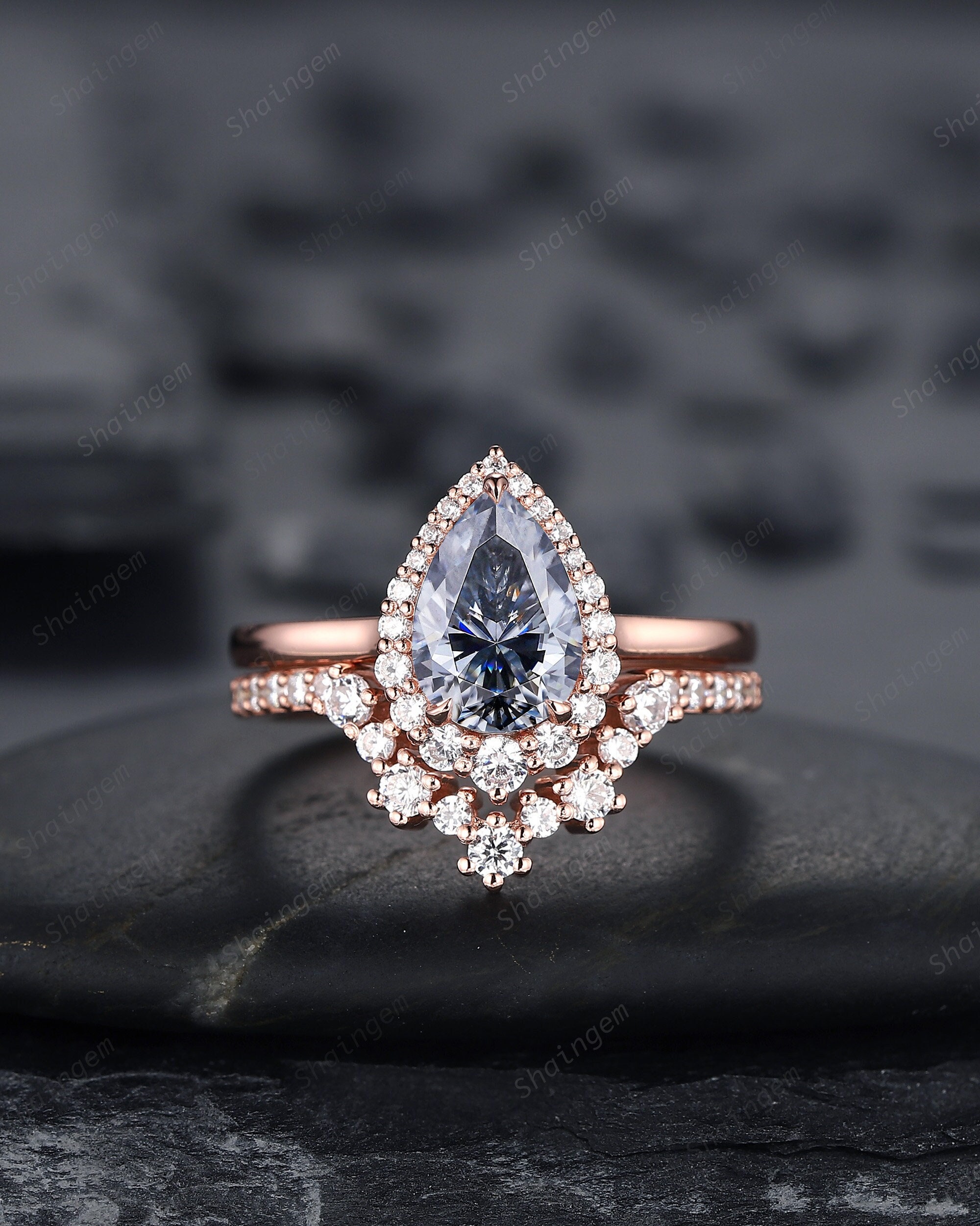 Vintage Pear Shape Gray Moissanite Engagement Ring Set, Unique 14K Rose Gold Grey Moissanite Halo Wedding Set, V Shape Moissanite Bridal Set