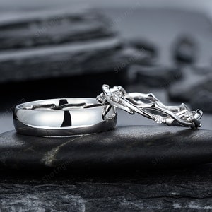 His and Hers Platinum Wedding Band, 14K 18K White Gold Matching Band, Silver Couple Promise Ring Set , Plain Men&#39;s Band, Twig Diamond Band