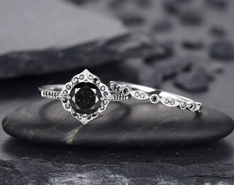 CT Round Natural Black Diamond Engagement Ring, Unique 18K
