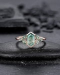Vintage Hexagon Cut Cluster Moss Agate Engagement Ring, Silver Moss Agate Promise Ring, 14K Rose Gold Wedding Ring Anniversary Gift for her