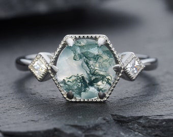 AINFQY Natural Moss Agate Ring For Women 925 Sterling Silver Snowflake Ring Moss Agate Jewelry Gift Engagement Rings (rose Gold, 5