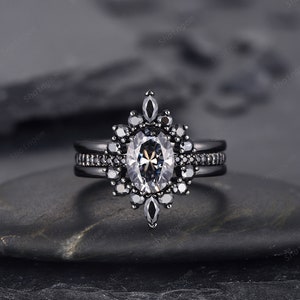 3PCS Oval Shape Gray Moissanite Engagement Ring Set, Black Gold Grey ...