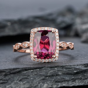 Vintage Natural Rhodolite Garnet Engagement Ring, Unique Red Garnet Wedding Ring, Art Deco Cushion Cut Garnet Halo Promise Ring Gift for Her