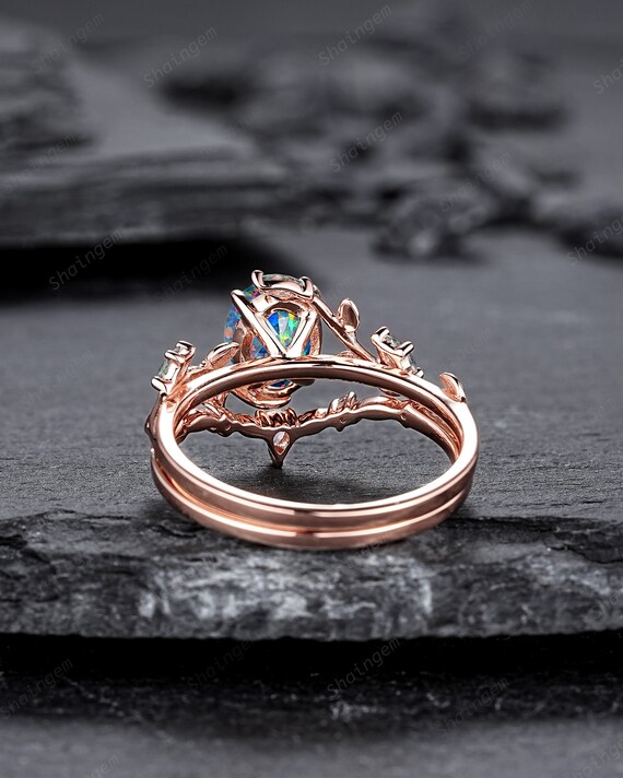 Nature Inspired Oval Cut Facet Black Opal Leaf Engagement Ring Set