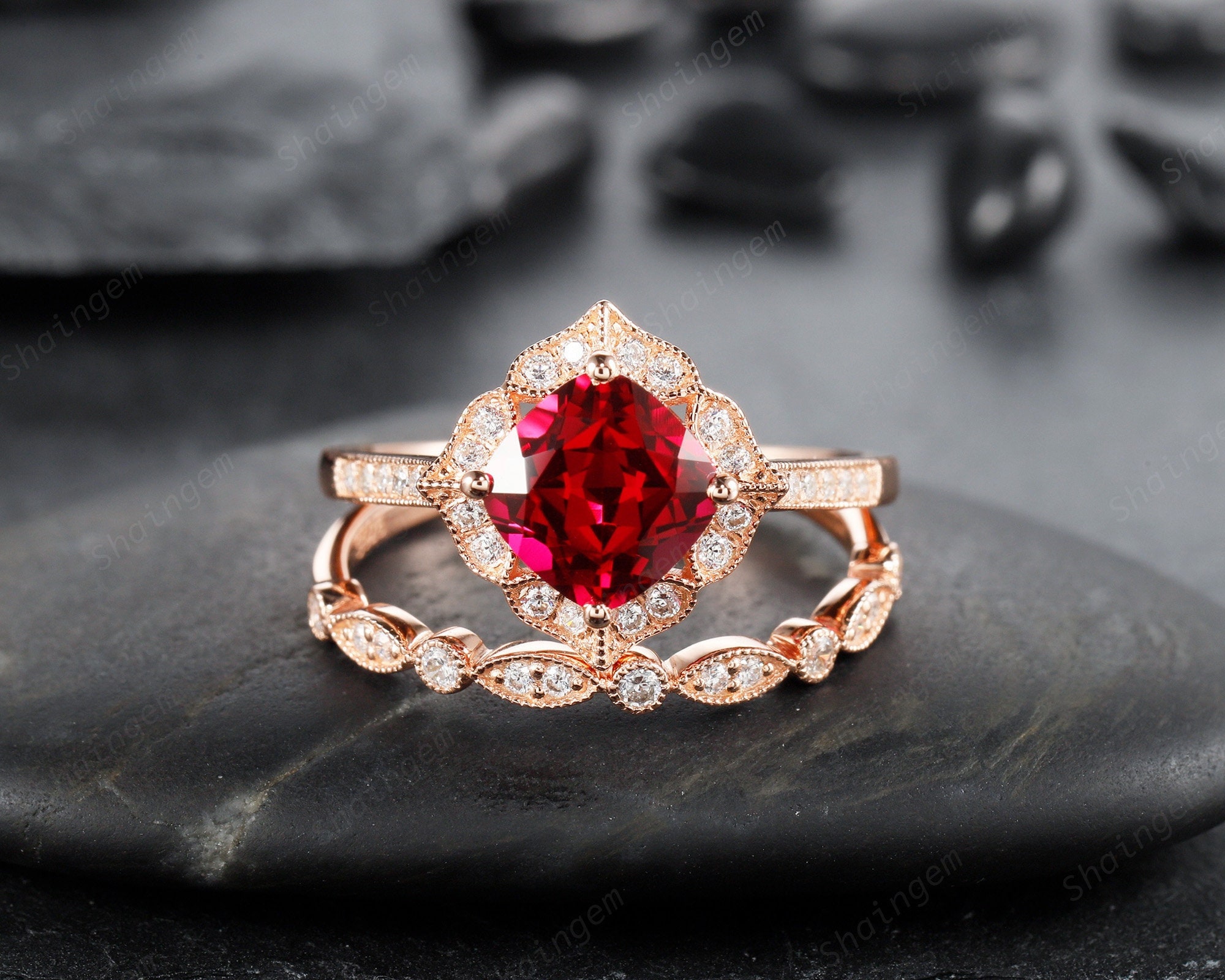 Vintage 2CT Cushion Ruby Engagement Ring Set Rose Gold Floral Ruby Wedding Promise Ring Set Siler Ruby Bridal Set Anniversary Gift for Her Etsy