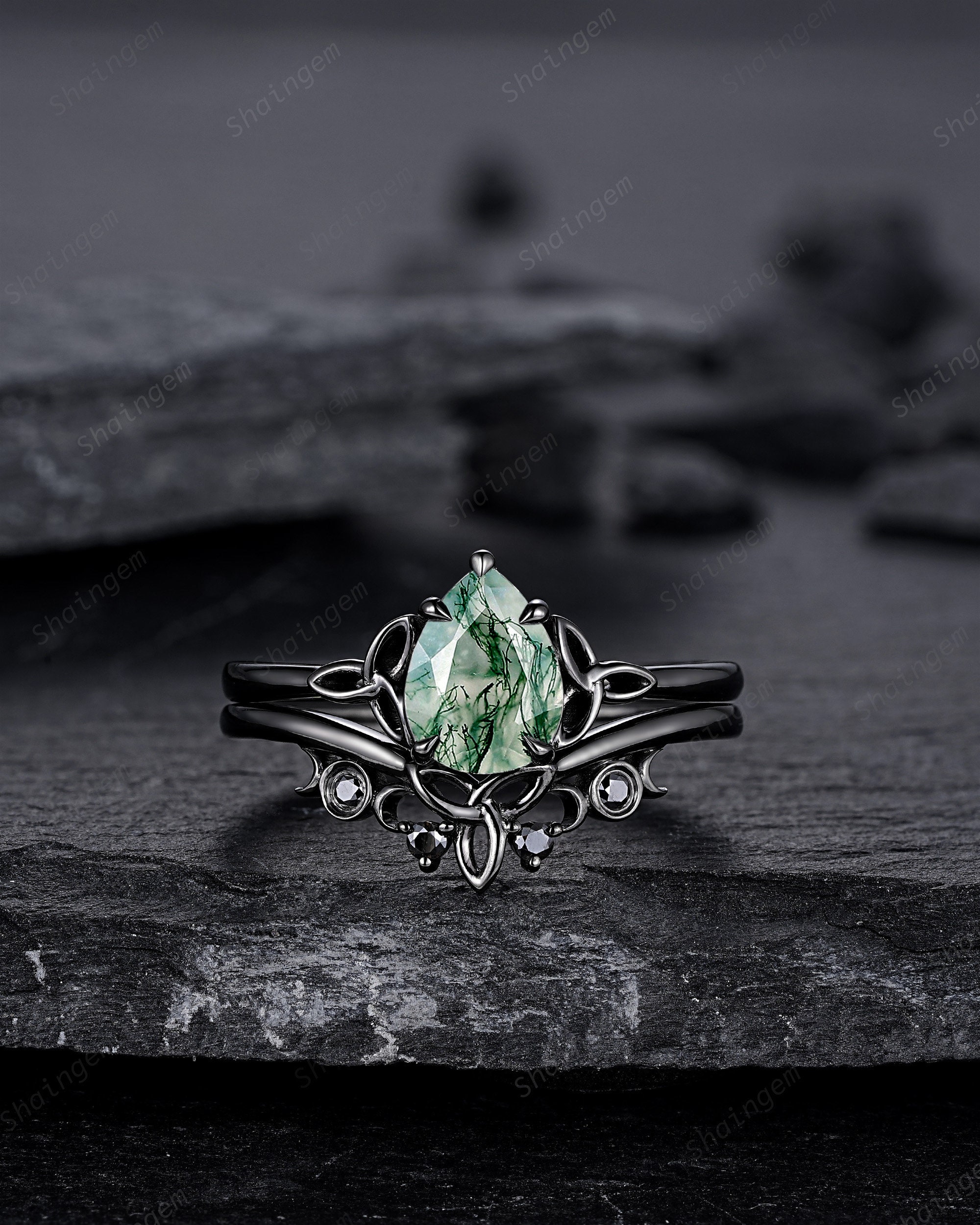 Gothic Black Pear Cut Moss Agate Celtic Knot Engagement Ring Set