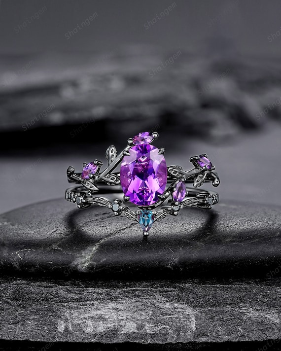Gothic Oval Shape Amethyst Black Engagement Ring Set, Black Gold