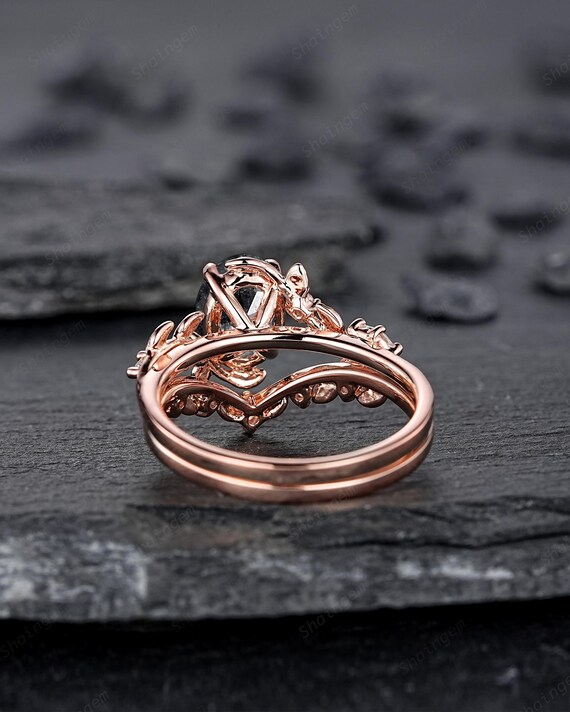 Oval Shape Salt and Pepper Diamond Vine Engagement Ring Set, Rose