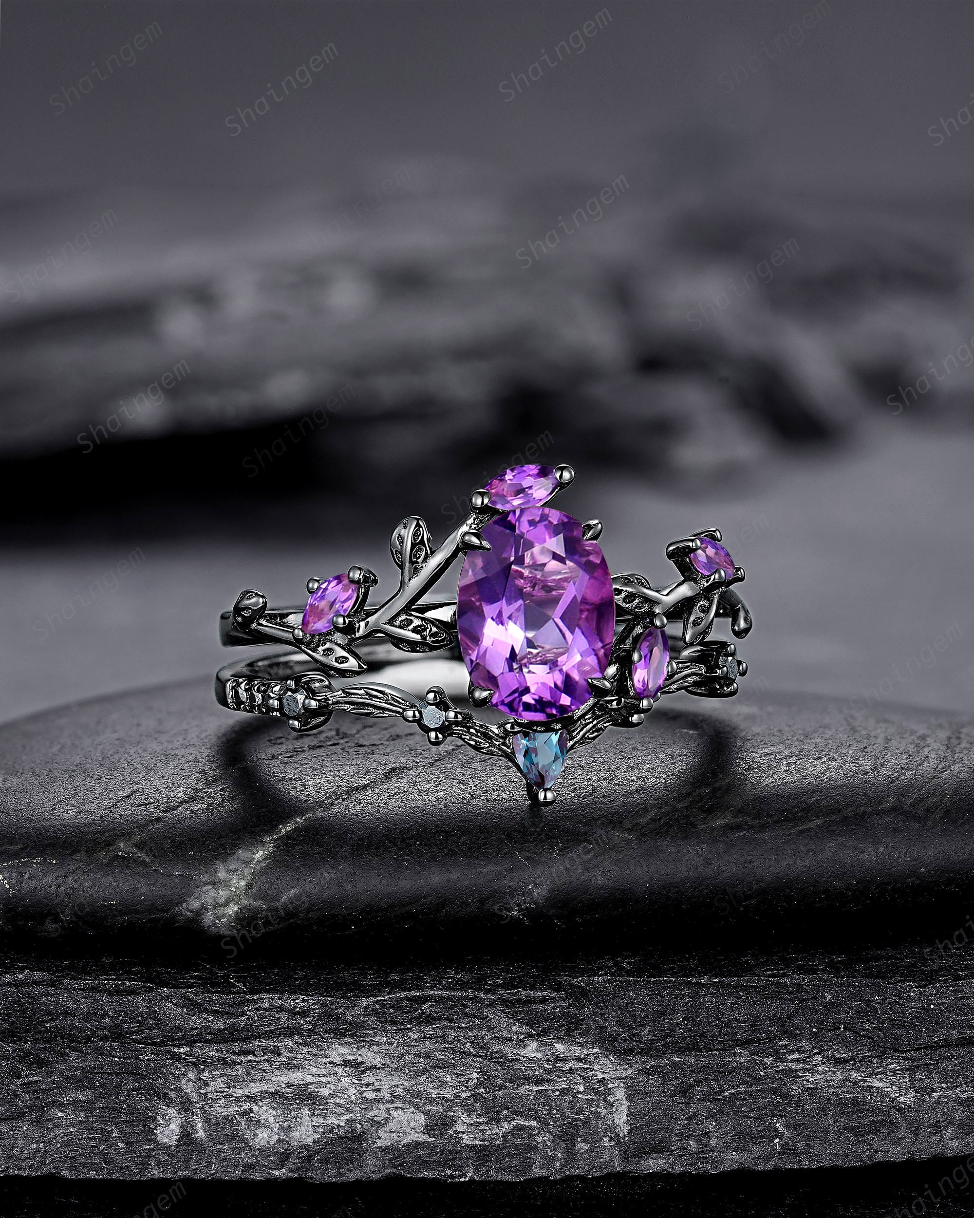 Gothic Oval Shape Amethyst Black Engagement Ring Set, Black Gold