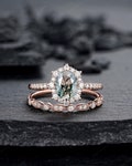 Vintage Moss Agate Halo Engagement Ring Set, Unique Oval Cut Mossy Agate Rose Gold Wedding Set, Moss Agate Bridal Set Anniversary Ring Gift