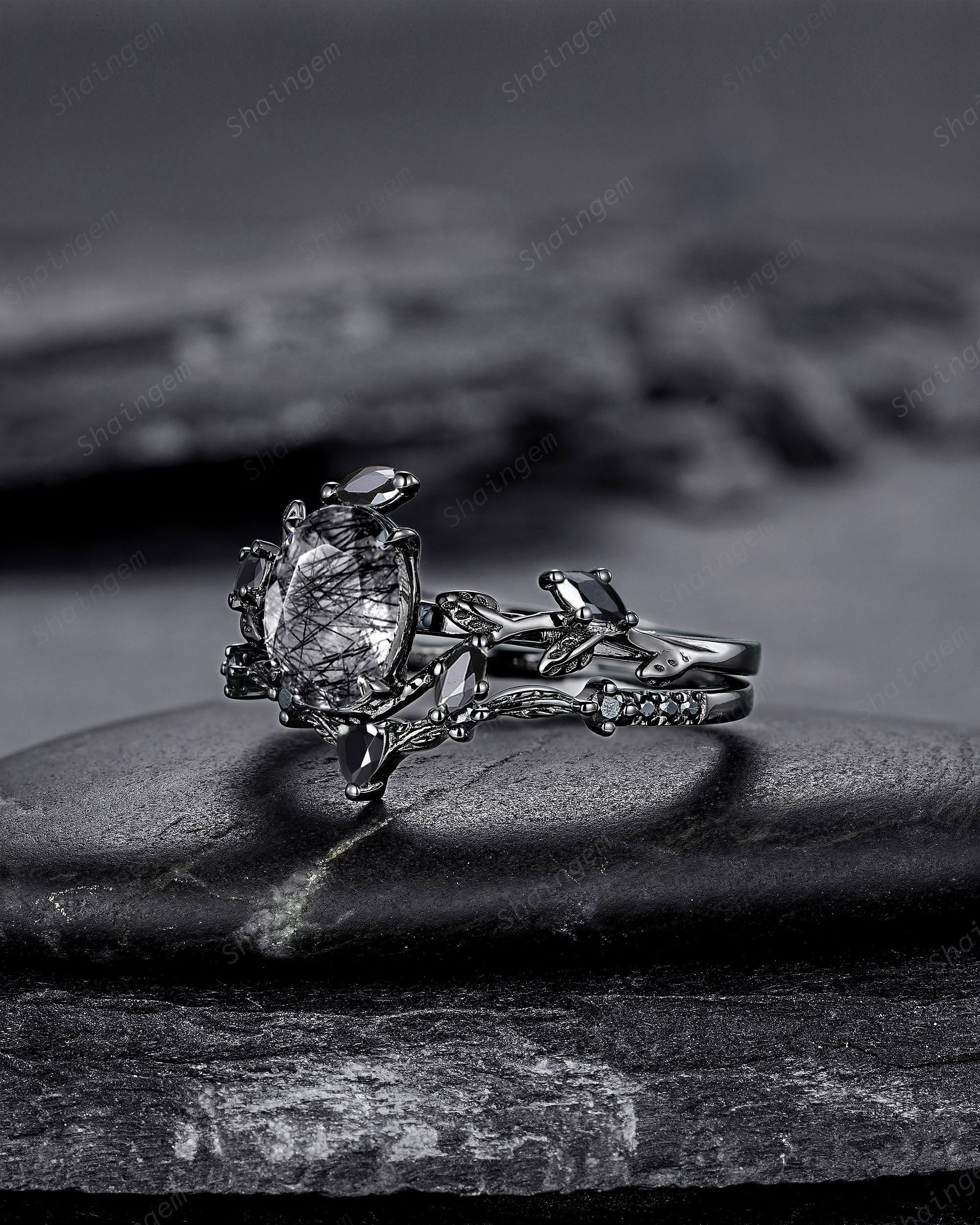 Gothic Black Gold Oval Cut Black Rutilated Quartz Leaf Engagement
