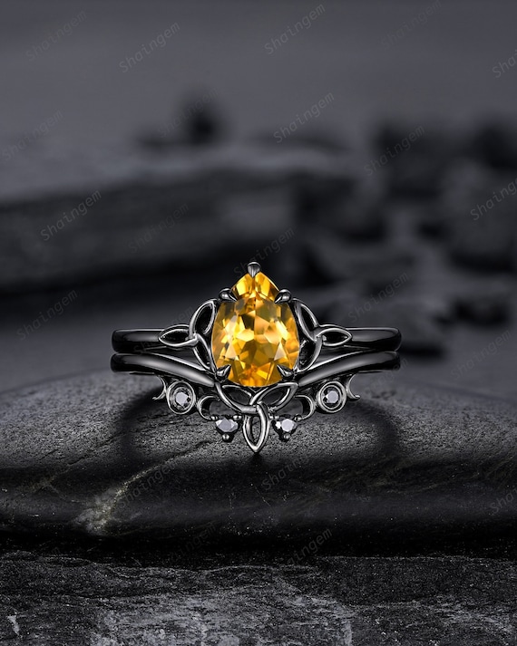 Gothic Black Pear Shape Citrine Celtic Knot Engagement Ring, Black