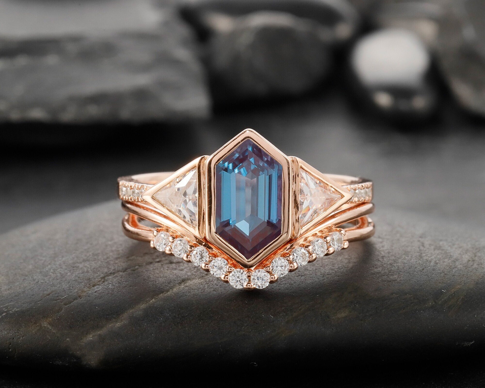 Vintage Long Hexagon Alexandrite Ring Set, Unique 14K Gold Alexandrite and Trilliant Cut Moissanite Wedding Set, Engagement Promise Ring