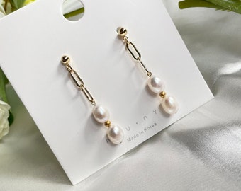 Natural Pearl Drop Earrings,Bridal Jewelry,Silver Earrings,Pearl Chain Earrings,Wedding Party Earrings,Gift for Her