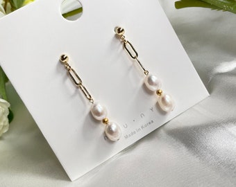 Boucles d'oreilles en perles naturelles, bijoux de mariée, boucles d'oreilles en argent, boucles d'oreilles en chaîne de perles, boucles d'oreilles de fête de mariage, cadeau pour elle