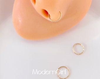 Thin Nose Piercing Hoop,Small Nose Ring,Gold Sterling Silver Nose Jewelry,Nose Piercing,Textured,Twisted,Thickness 0.64mm (22 Gauge)