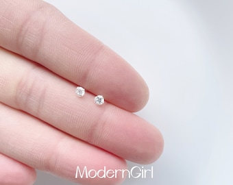 White Zirconia Round Stud Earrings for Women,925 Sterling Silver Studs,teeny tiny micro crystal earring,3mm Wide Earrings,Push Back Studs