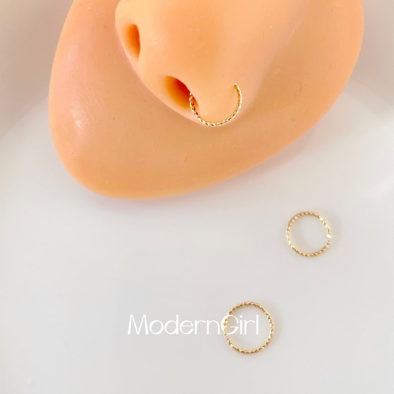 Thin Nose Piercing Hoop,Small Nose Ring,Gold Sterling Silver Nose Jewelry,Nose Piercing,Textured,Twisted,Thickness 0.64mm 22 Gauge image 4