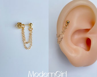 Double Chain Stud Earrings,Chain Cartilage Earring,Dainty 925 Sterling Silver Earrings,14k Gold Filled,Helix Jewelry,Conch Piercing Earring