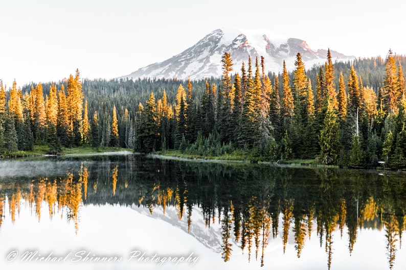 Mountain reflecting in lake with trees in mt rainier national park wall photo