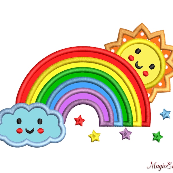 Rainbow APPLIQUE, Cloud Embroidery Design, Sun APPLIQUE, Summer Embroidery Design, Instant Download
