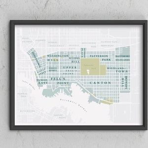 May include: A map of Baltimore, Maryland, showing the different neighbourhoods and districts. The map is in black and white with green and yellow highlights. The map includes the following neighbourhoods: Jonestown, Washington Hill, Butcher's Hill, Upper Fell's Point, Fell's Point, Harbour East, Little Italy, Federal Hill, Riverside, Locust Point, Patterson Park, Baltimore Highlands, Highlandtown, Brewers Hill, Canton, and McElderry Park.
